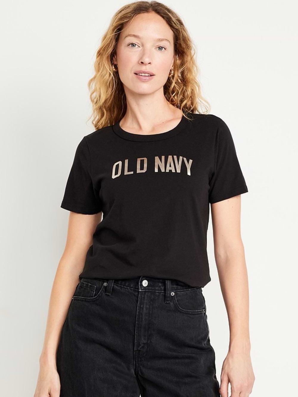 Old Navy Black Short Sleeve Silver Metallic Logo Front Crewneck Tee, Medium